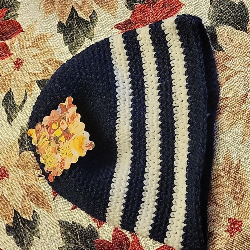 Handmade blue and white striped crochet hat beanie hand-made